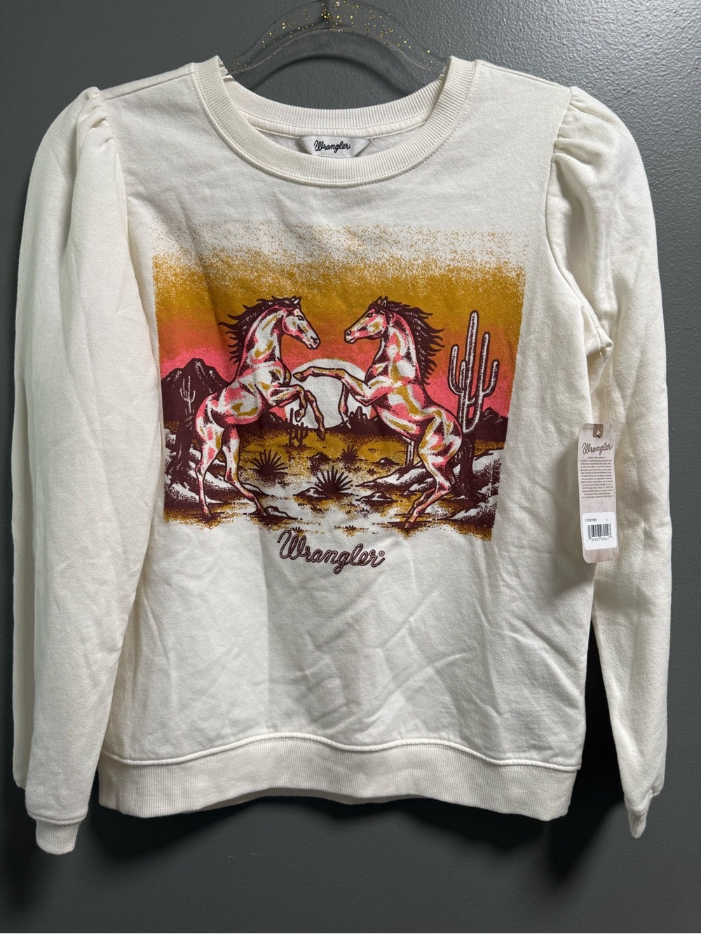 Wrangler Girls Cream White Pullover Crewneck Sweatshirt Western Horse L NWT